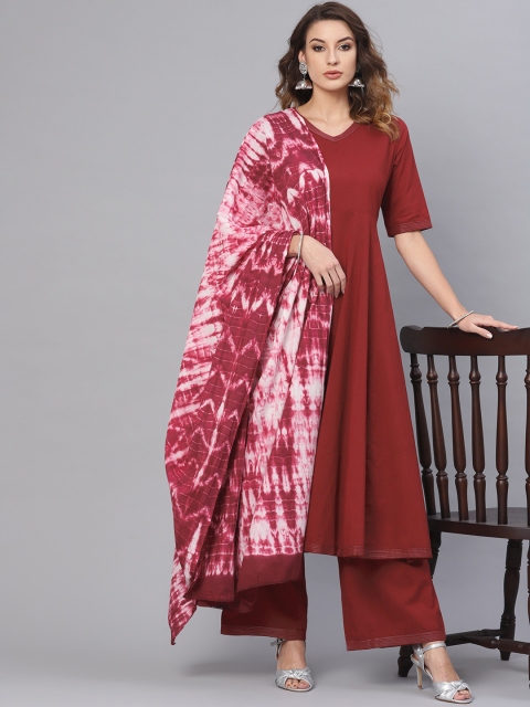 

AKS Women Maroon & Off-White Solid Kurta with Palazzos & Dupatta