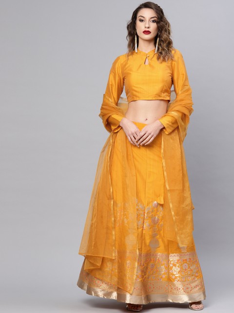 

AKS Mustard Yellow & Golden Solid Ready to Wear Lehenga & Blouse with Dupatta