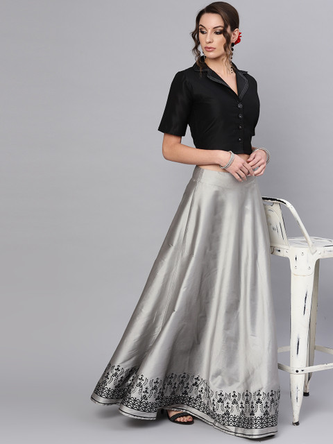 

AKS Women Grey & Black Solid Ready to Wear Lehenga Choli with Block Print Detail