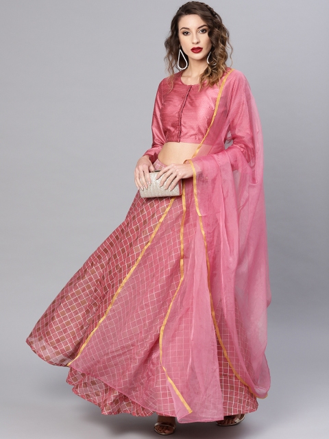 

AKS Pink & Golden Checked Ready to Wear Lehenga & Blouse with Dupatta