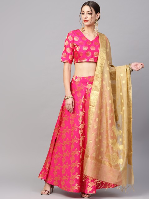 

AKS Pink & Golden Woven Design Ready to Wear Lehenga & Blouse with Dupatta