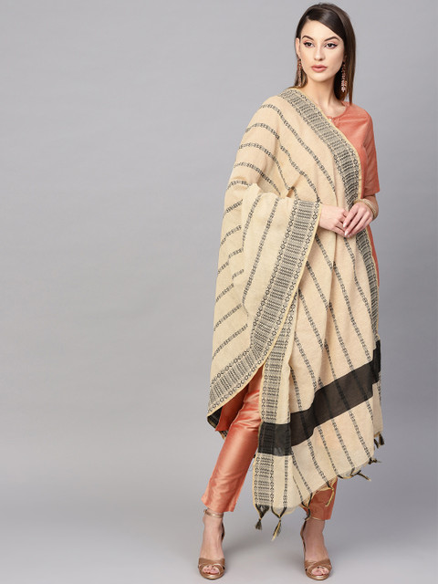 

AKS Women Cream-Coloured & Olive Green Woven Design Dupatta