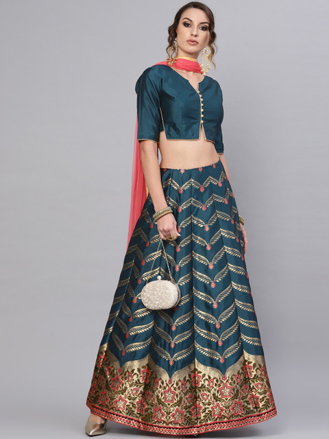 

AKS Teal blue & Golden Woven Designed Ready to Wear Kali Lehenga with Blouse & Dupatta