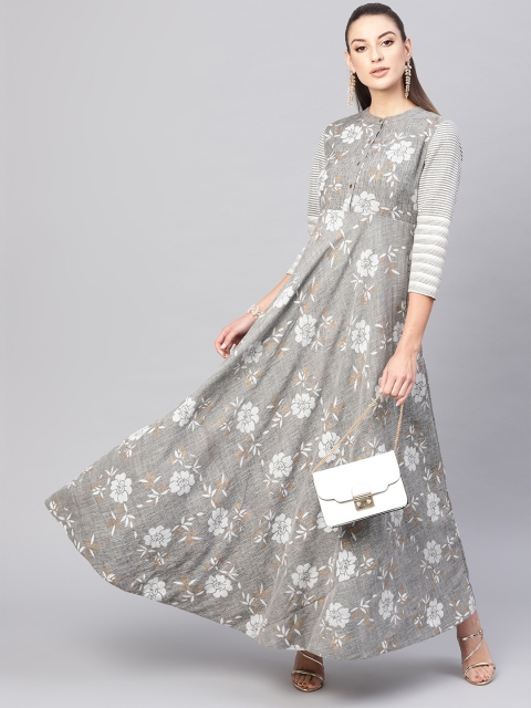 

AKS Women Grey & White Floral Print Maxi Dress