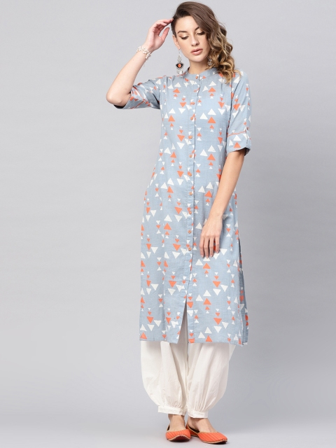 

AKS Women Blue & Orange Printed Straight Kurta