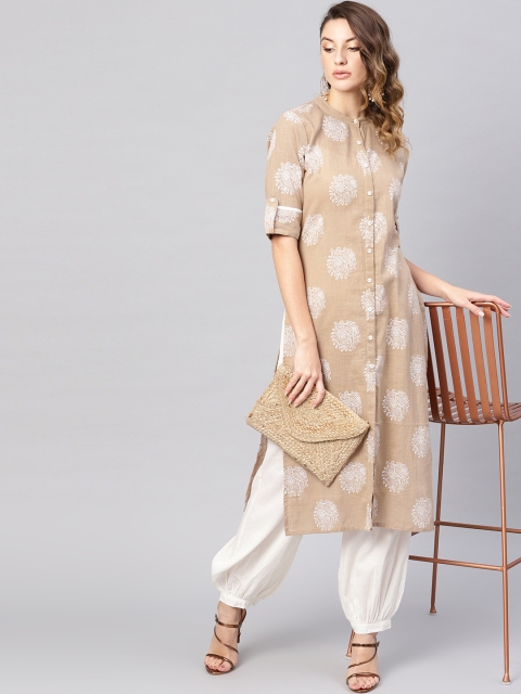 

AKS Women Beige & White Khari Print Straight Kurta