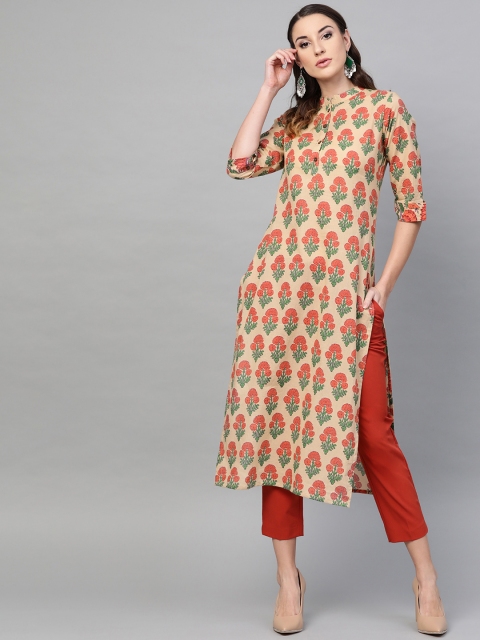 

AKS Women Beige & Orange Printed Straight Kurta