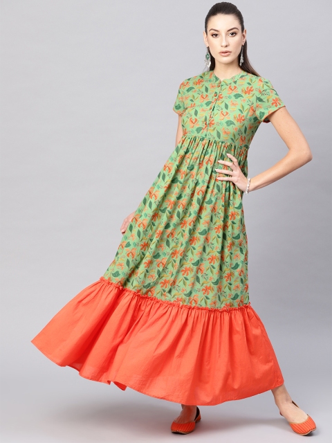 

AKS Women Green & Orange Floral Printed Maxi Dress