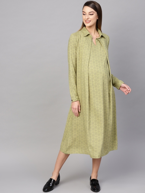

AKS Women Green Printed Layered Maternity Shirt Dress