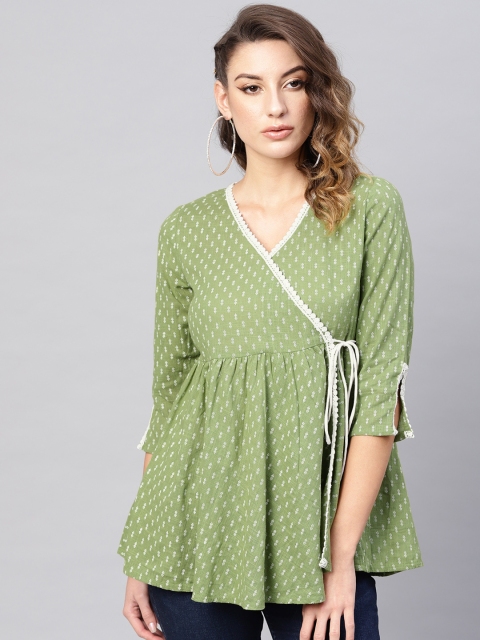 

AKS Green & White Printed Angrakha Tunic