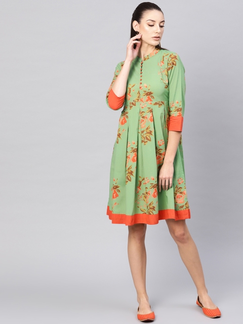 

AKS Women Green & Orange Floral Printed A-Line Dress