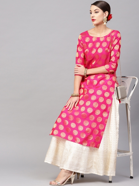 

AKS Women Pink & Golden Woven Design Straight Kurta