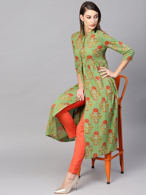 

AKS Women Green & Orange Printed High-Slit A-Line Kurta