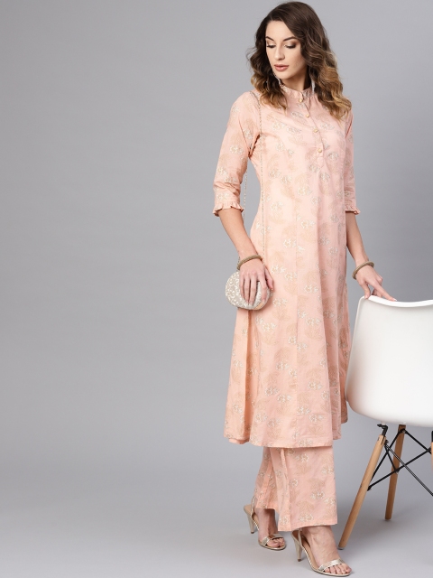 

AKS Women Peach-Coloured & Golden Floral Print A-Line Kurta