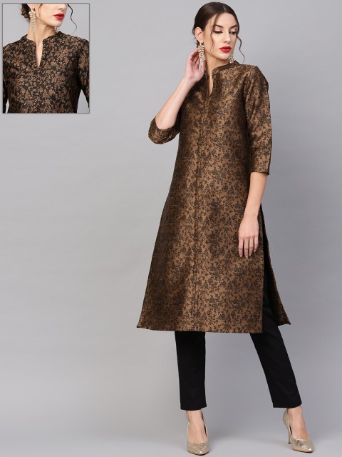 

AKS Women Coffee Brown & Black Woven Design Reversible Straight Kurta