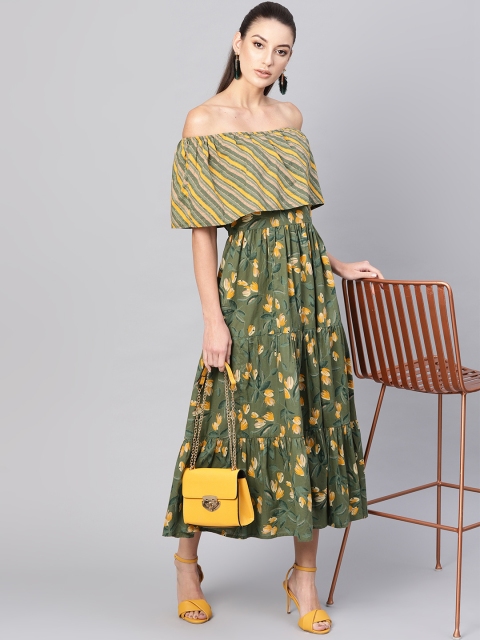 

AKS Women Olive Green & Mustard Yellow Floral Printed Maxi Off-Shoulder Tiered Dress