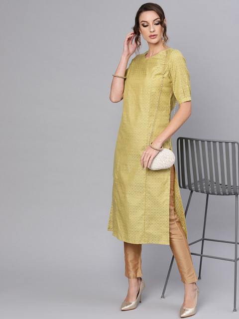 

AKS Women Green & Golden Woven Design Straight Kurta