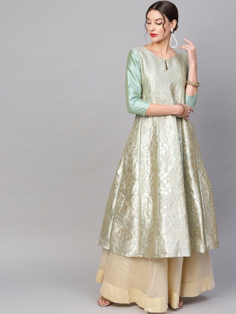 

AKS Women Green & Golden Woven Design Anarkali Kurta