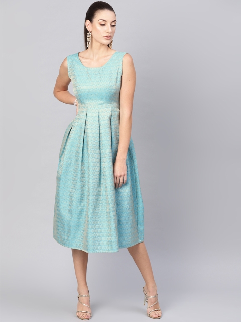 

AKS Women Blue & Golden Jacquard Midi Fit & Flare Dress