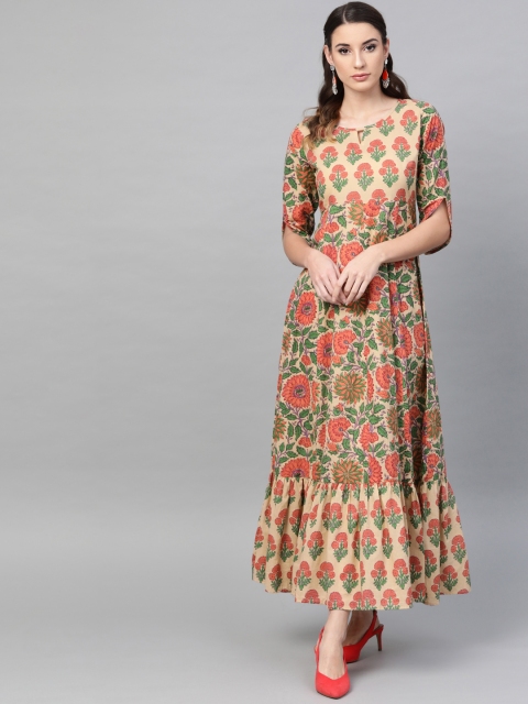 

AKS Women Beige & Orange Floral Printed Maxi Dress