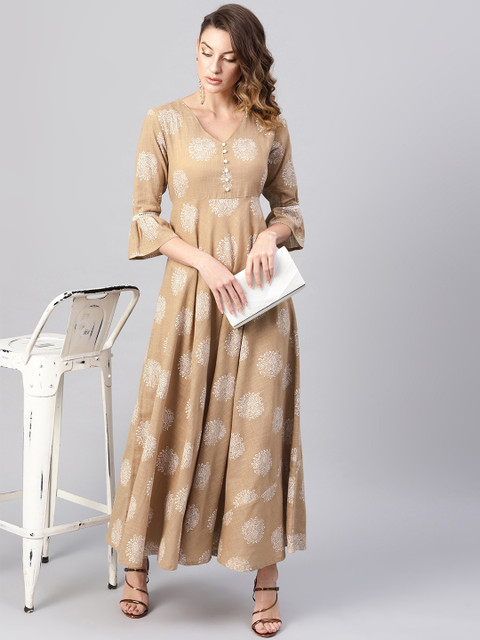 

AKS Women Beige & White Khari Print Maxi Dress