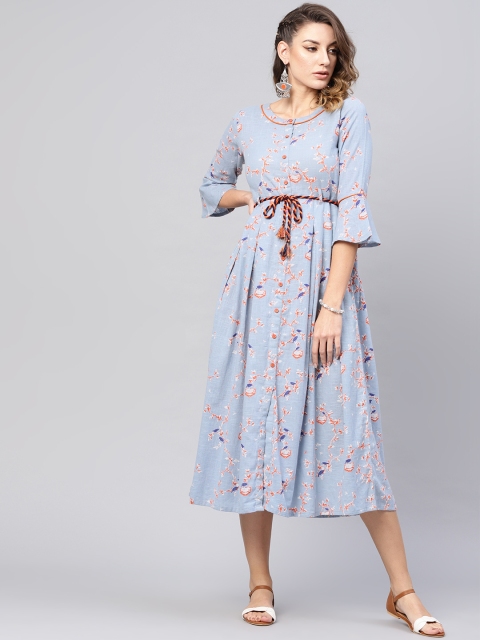 

AKS Women Blue & Orange Quirky Printed A-Line Dress