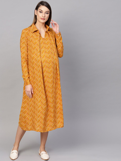 

AKS Women Mustard Yellow Printed Maternity Shirt Dress