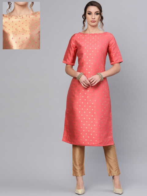 

AKS Women Coral Pink & Golden Reversible Woven Design Straight Kurta