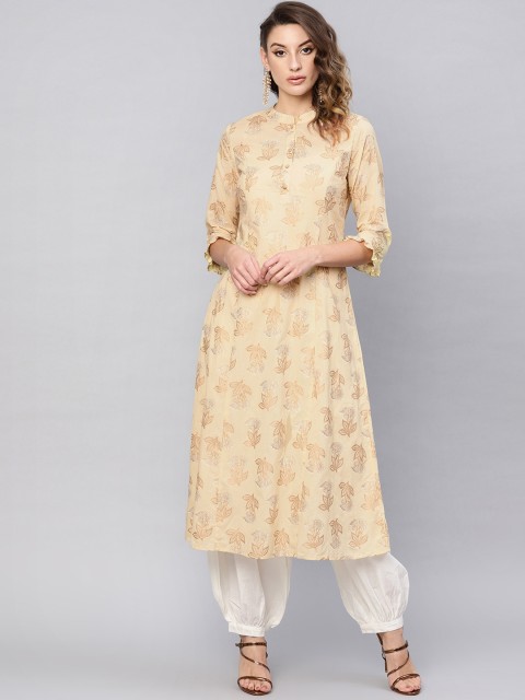 

AKS Women Beige & Golden Floral Print Straight Kurta