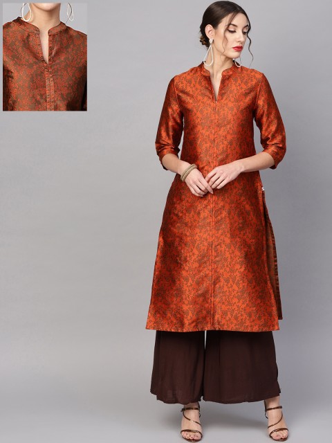 

AKS Women Orange & Brown Woven Design Brocade Reversible Straight Kurta