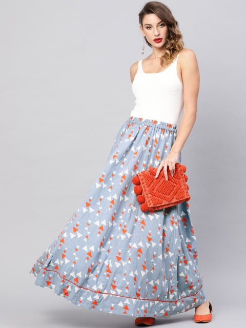 

AKS Shree Women Blue & Orange Printed Maxi Flared Skirt