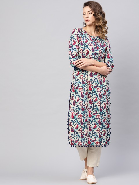 

AKS Women Grey & Navy Blue Printed Straight Kurta