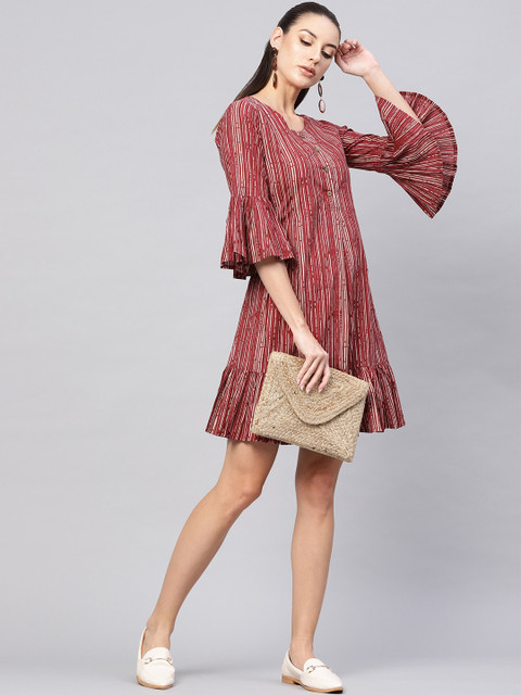 

AKS Women Maroon & Off-White Striped A-Line Dress