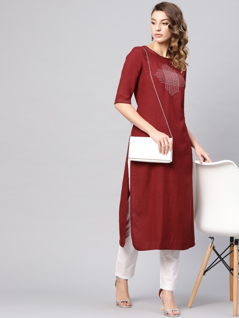 

AKS Women Maroon Yoke Design Straight Kurta