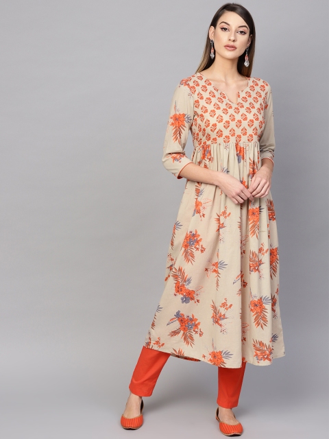 

AKS Women Beige & Orange Floral Printed A-Line Kurta