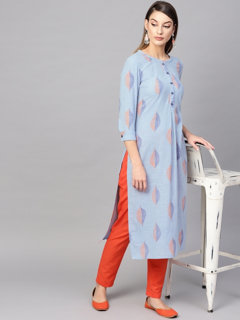 

AKS Women Blue & Orange Printed Straight Kurta