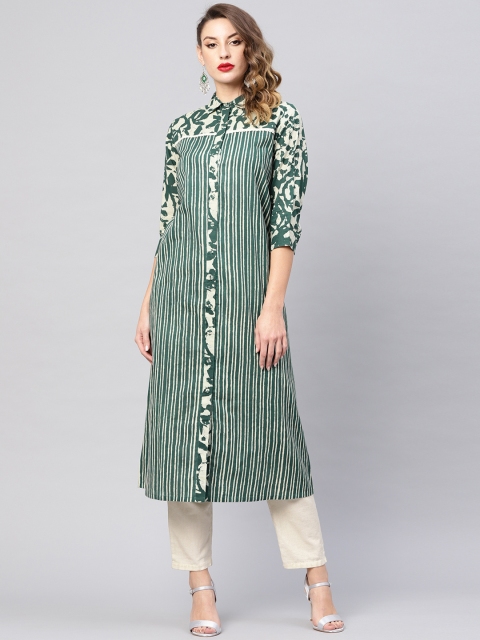 

AKS Women Green & Beige Striped Shirt A-Line Kurta