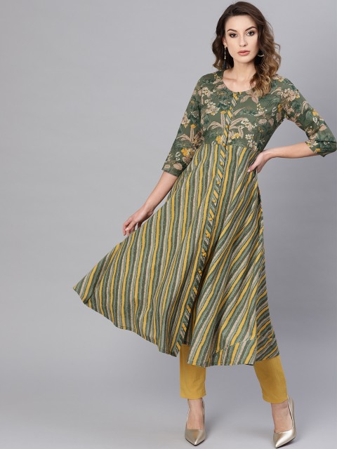 

AKS Women Green & Mustard Yellow Striped A-Line Kurta