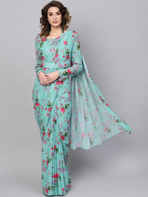 

AKS Green & Pink Floral Print Saree