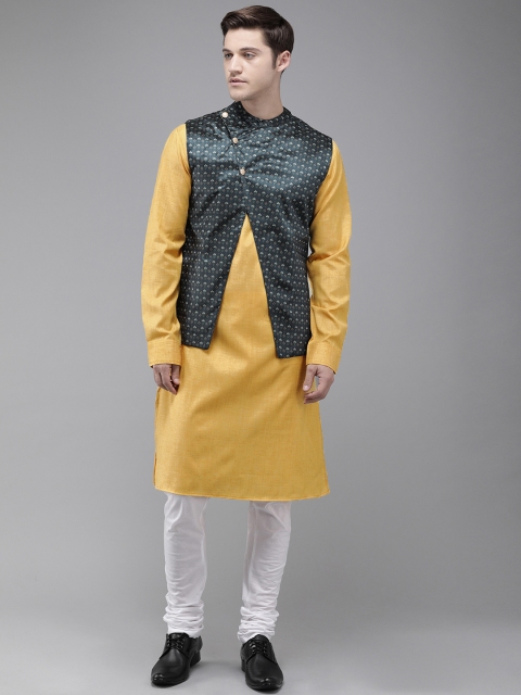 

Anouk Men Yellow & Off-White Solid Kurta Set with Nehru Jacket