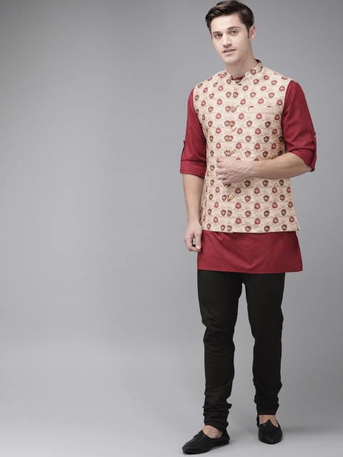 

Anouk Men Maroon & Beige Solid Kurta Set with Nehru Jacket