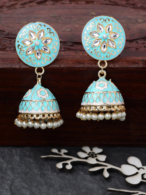 

Rubans Gold-Toned & Blue Enamelled Handpainted Dome Shaped Jhumkas