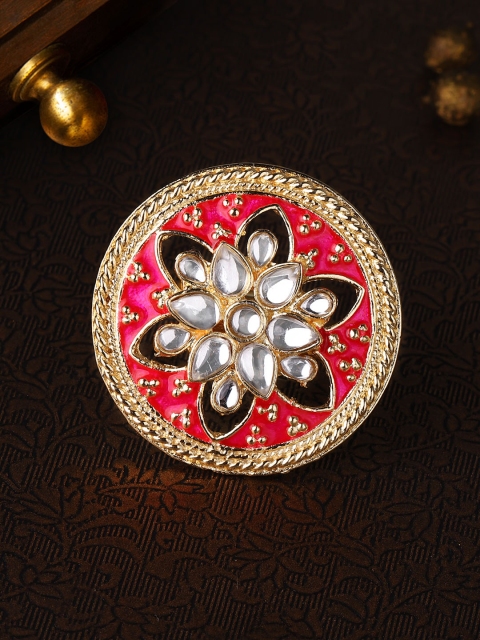 

Rubans Women Gold-Plated & Pink Enamelled Kundan Studded Statement Finger Ring