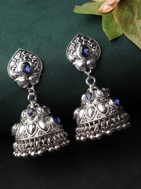 

Rubans Silver-Plated & Blue Handcrafted Oxidised Dome Shaped Jhumkas