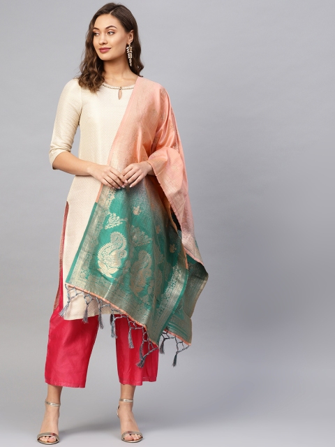

SUTRAM Peach-Coloured & Teal Woven Design Zari Banarasi Dupatta