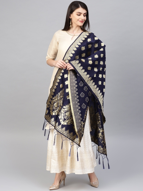 

SUTRAM Women Navy Blue & Golden Zari Woven Design Banarasi Dupatta