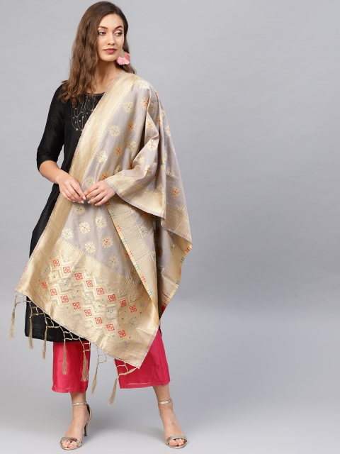 

SUTRAM Grey & Golden Woven Design Zari Banarasi Dupatta