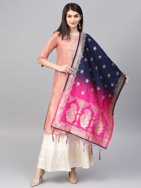 

SUTRAM Navy Blue & Pink Woven Design Zari Banarasi Dupatta