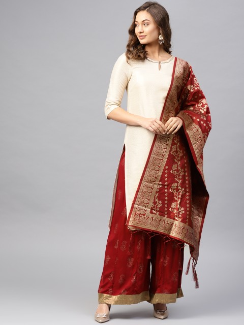 

SUTRAM Maroon & Golden Woven Design Zari Banarasi Dupatta