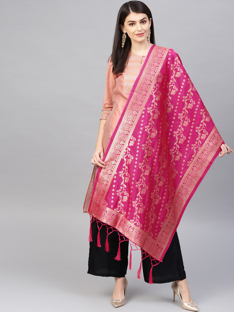 

SUTRAM Women Pink & Golden Zari Woven Design Banarasi Dupatta
